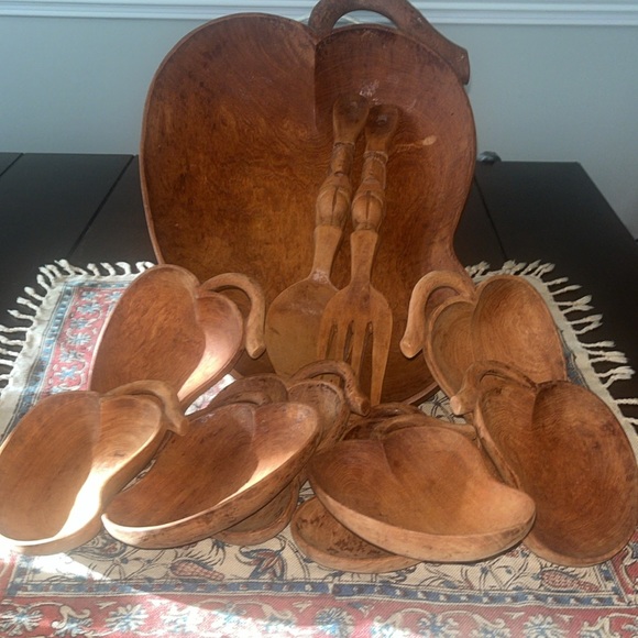 Vintage Hand Carved Wooden Fruit Bowl Set Pear 8 Small bowls Fork Spoon 11 Pcs - Picture 11 of 11
